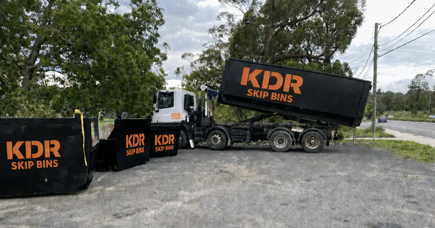 A KDR Skip Bins hook-lift truck delivering a skip bin, with more bins ready to go